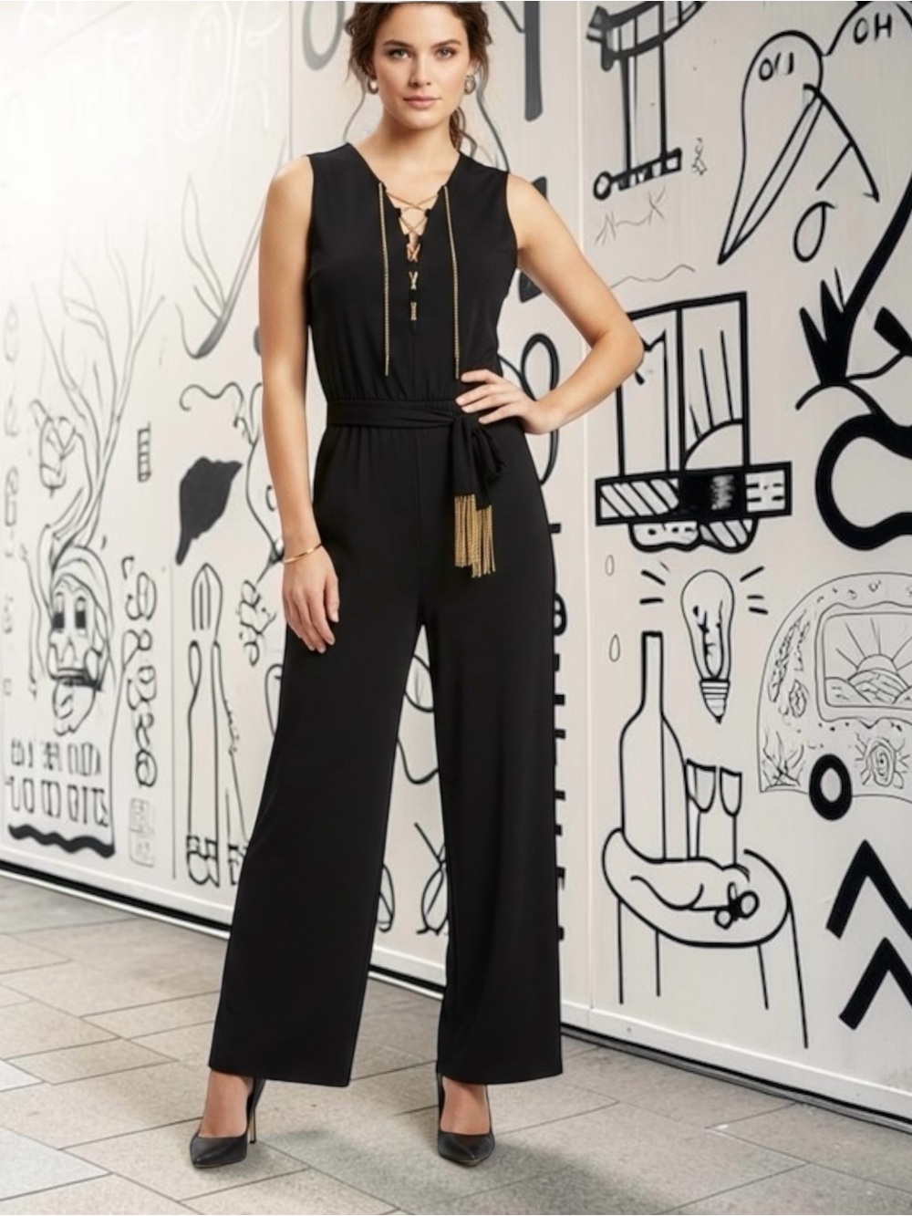 Michael Kors Sz 1X Sleeveless Black Strait Leg Jumpsuit Gold Chain Lace-up | EUC